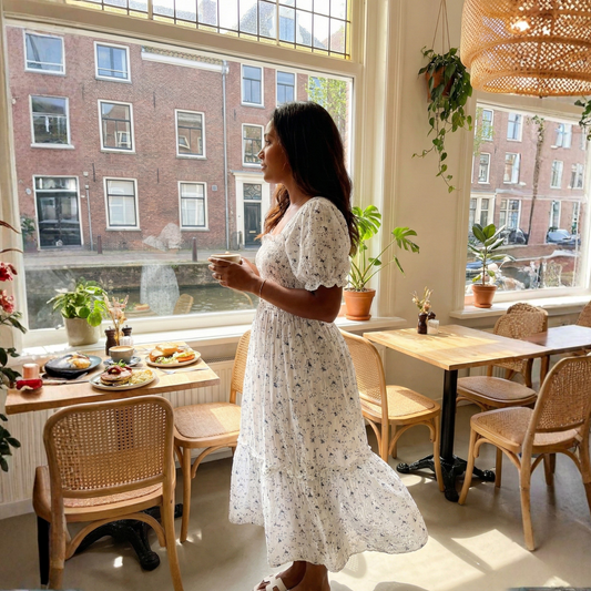 Woman in a white dress standing in a sunlit cafe with tables and chairs.