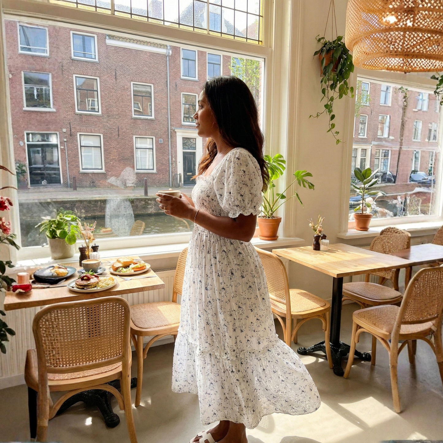 Woman in a white dress standing in a sunlit cafe with tables and chairs.